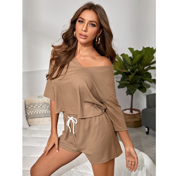 2 Piece Lounge Set in Tan: Top + Shorts - Picture 5 of 11